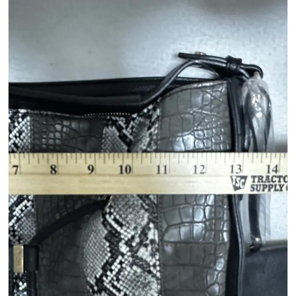 Snakeskin Print Tote Bag Silver Black Faux Leather Shoulder Tote w/ Clutch